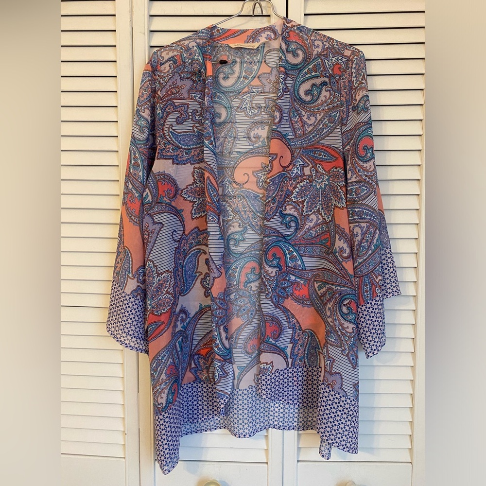 Soft Surroundings Sheer Kimono Cardigan Medium Top Paisley Boho Hippie Resort